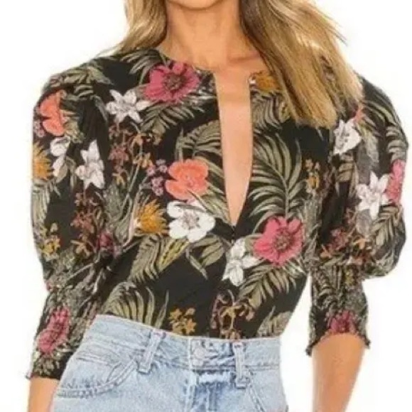 2 FOR $25Rebecca Minkoff Geneva Tropical Floral Puff Sleeve Top Zip Front Size M - Picture 1 of 7